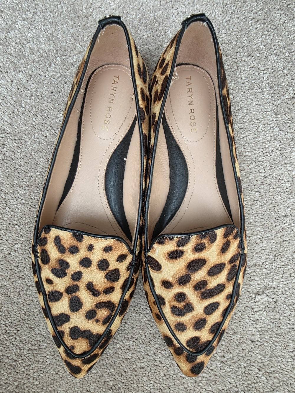 Taryn Rose Leopard-Print Pointed Toe Flats in Tan and Black